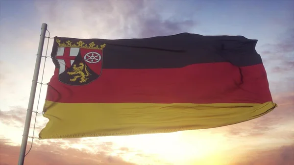 Rheinland-Pfalz-Flagge, Deutschland, im Wind, am Himmel und im Sonnenhintergrund schwenkend. 3D-Darstellung — Stockfoto