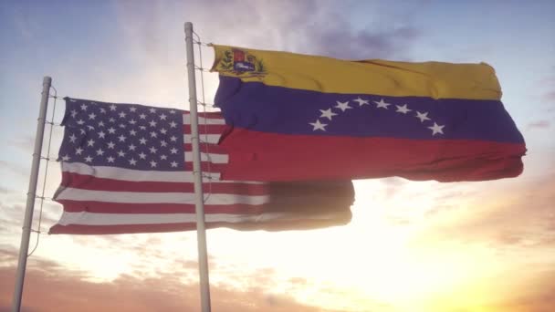 Venezuela e Estados Unidos bandeira no mastro da bandeira. Venezuela e EUA acenando com a bandeira no vento. Conceito diplomático Venezuela e Estados Unidos — Vídeo de Stock