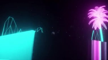 Astronot yanıp sönen neon ışıklarla çevrilidir. Müzik ve gece kulübü konsepti. Retro 80 'ler stili sentetik dalga arkaplanı
