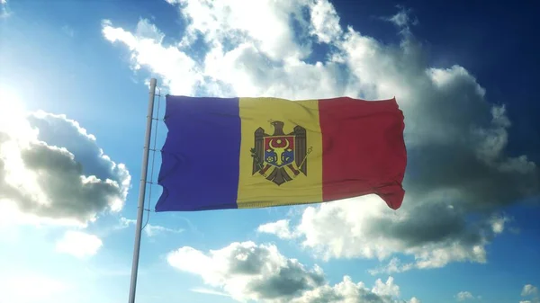 Moldavská vlajka mávající proti krásnému modrému nebi větrem. 3D vykreslování — Stock fotografie