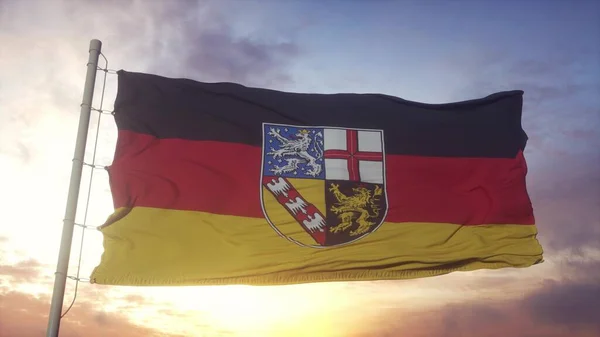 Saarland vlag, Duitsland, zwaaiend in de wind, lucht en zon achtergrond. 3d destructie — Stockfoto