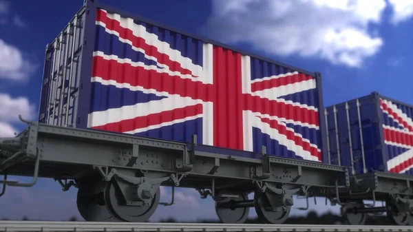 Kontenery z banderą Zjednoczonego Królestwa. Transport kolejowy. 3d renderowanie — Zdjęcie stockowe
