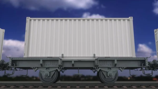 Güterzug mit leeren weißen Containern. Eisenbahnverkehr. 3D-Darstellung — Stockfoto