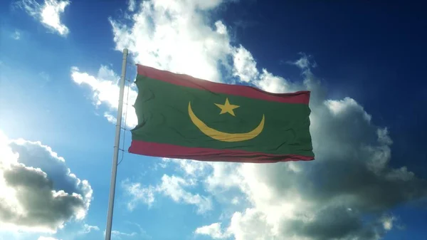 Moritanya bayrağı güzel mavi gökyüzüne doğru esen rüzgara karşı. 3d oluşturma — Stok fotoğraf
