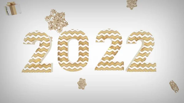 Nouvel an et Noël 2021. Inscription or 2022 sur fond blanc avec boîtes cadeaux dorées et flocons de neige. Rendu 3d — Photo