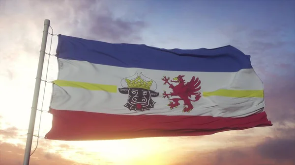 Drapeau du Mecklembourg-Poméranie occidentale, Allemagne, agitant dans le vent, le ciel et le soleil. Rendu 3d Image En Vente