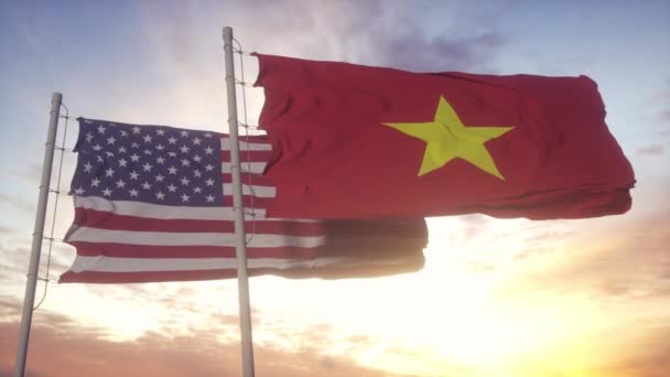 Drapeau du Vietnam et des États-Unis sur le mât. Le Vietnam et les États-Unis agitent leur drapeau dans le vent. Vietnam et États-Unis concept diplomatique — Video