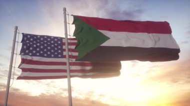 Bayrak direğinde Sudan ve Birleşik Devletler bayrağı. Sudan ve ABD rüzgarda bayrak sallıyor. Sudan ve ABD diplomatik konsepti