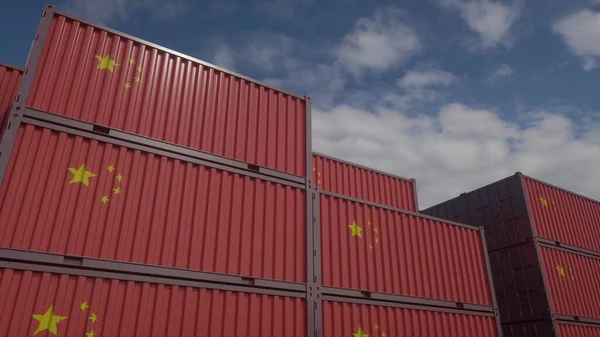 Container Unter Chinesischer Flagge Stehen Containerterminal China Export Oder Importkonzept — Stockfoto
