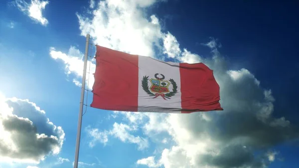 Peruansk Flagga Flaggstång Som Viftar Blå Molnig Himmel Peru Konceptet — Stockfoto