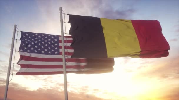 Belgien Och Förenta Staterna Flaggar Flaggstången Belgien Och Usa Viftar — Stockvideo