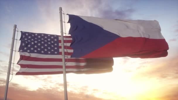 Flaga Republiki Czeskiej Stanów Zjednoczonych Maszcie Flagowym Czechy Usa Machają — Wideo stockowe