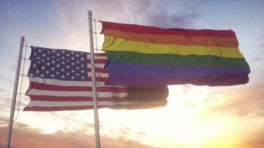 ABD ve LGBT gökkuşağı arka planında ulusal bayrak sallıyor.