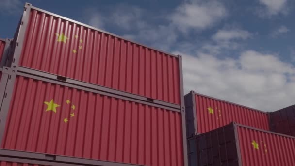 China Vlag Containers Bevinden Zich Containerterminal Concept Voor Chinese Uitvoeractiviteiten — Stockvideo