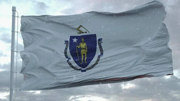 Massachusetts Winter Flag Snowflakes Background United States America Rendering — Stock Photo, Image