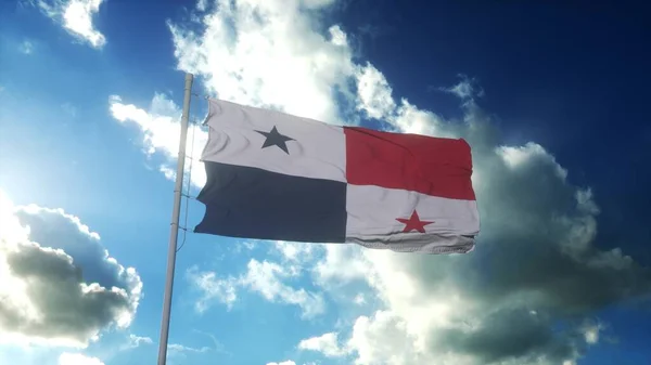 Bandera Panamá Ondeando Viento Contra Hermoso Cielo Azul Renderizado — Foto de Stock