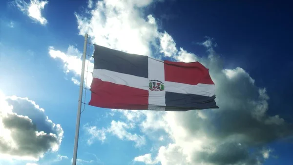 Прапор Домініканської Республіки Розмахує Вітром Проти Прекрасного Блакитного Неба Рендеринг — стокове фото