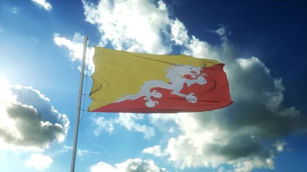 Vlag Van Bhutan Zwaaiend Naar Wind Tegen Mooie Blauwe Lucht — Stockfoto