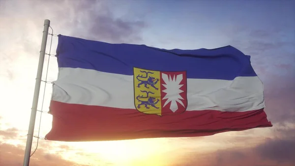 Bandera Schleswig Holstein Alemania Ondeando Viento Cielo Fondo Del Sol Imagen de archivo