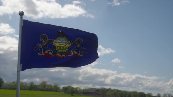 風になびく旗竿にペンシルベニア州の旗 青空の背景 — ストック動画