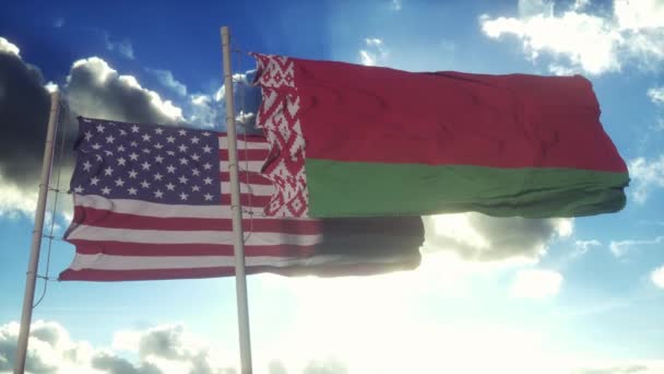 Bielorrusia Estados Unidos Bandera Asta Bandera Bielorrusia Estados Unidos Concepto — Vídeo de stock