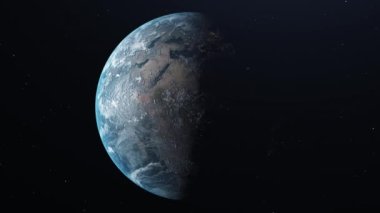 Uzayda dönen ve uzaklaşan gerçekçi Dünya, arka plandaki yıldızlar.