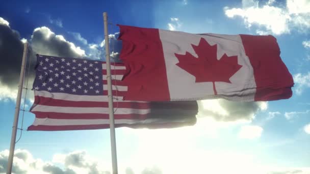 Flagge Der Vereinigten Staaten Und Kanadas Fahnenmast Usa Und Kanada — Stockvideo