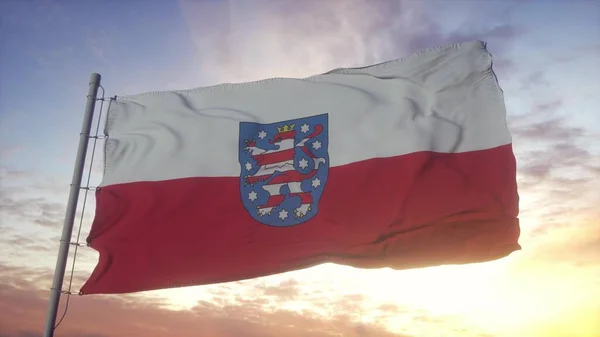 テューリンゲン旗 ドイツ 空と太陽の背景に手を振っ 3Dイラスト — ストック写真