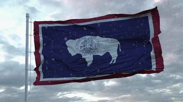 Wyoming Winter Flagge Mit Schneeflocken Hintergrund Vereinigte Staaten Von Amerika — Stockfoto