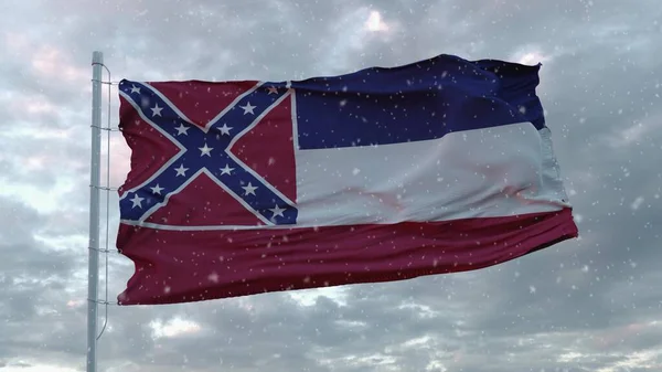 Bandeira Velha Mississippi Com Fundo Flocos Neve Estados Unidos América — Fotografia de Stock