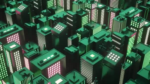 Cyberpunkowe Futurystyczne Miasto Drapaczami Chmur Kamera Przechodzi Przez Abstrakcyjne Izometryczne — Wideo stockowe
