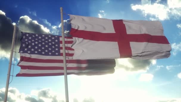 Inghilterra Stati Uniti Bandiera Pennone Inghilterra Stati Uniti Sventolano Bandiera — Video Stock