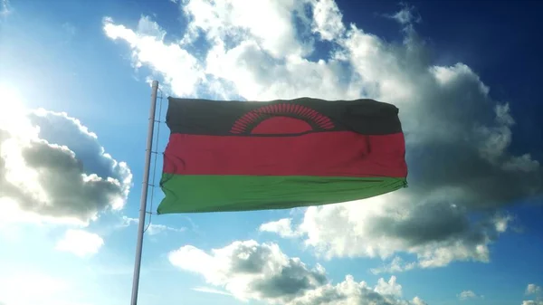 Flaga Malawi Macha Wiatrem Przeciwko Pięknemu Błękitnemu Niebu Ilustracja — Zdjęcie stockowe
