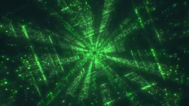Leć Przez Technologiczny Neonowy Tunel Sci Zielone Neonowe Linie Świecące — Wideo stockowe