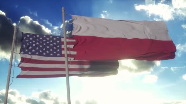 Polsko Vlajka Spojených Států Vlajkovém Stožáru Polsko Usa Mávají Vlajkou — Stock video