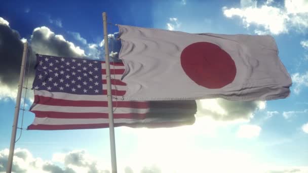 Japan Usa Flag Flagpole Japan United States Waving Flag Wind — Stock Video