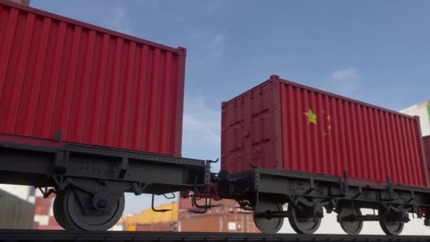 Çin Bayrağı Taşıyan Konteynırlar Demiryolu Taşımacılığı — Stok video