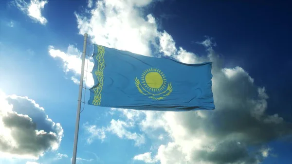 哈萨克斯坦国旗迎风飘扬 迎着美丽的蓝天飘扬 3D说明 — 图库照片