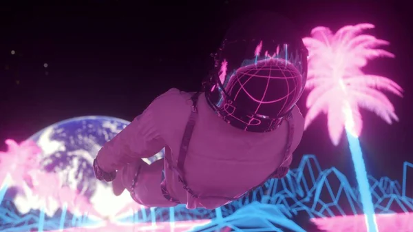 Astronaute Entouré Néons Clignotants Fond Synthwave Style Années Rétro Illustration — Photo