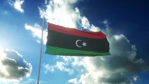 Libya Bayrağı Güzel Mavi Gökyüzüne Doğru Rüzgarla Dalgalanıyor Illüstrasyon — Stok fotoğraf