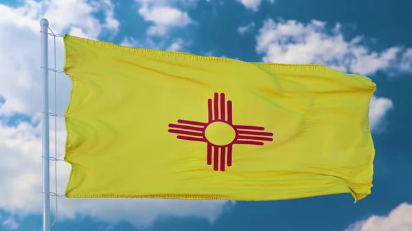 Bandera Nuevo México Asta Bandera Ondeando Viento Fondo Azul Del Imagen de archivo