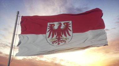Brandenburg bayrağı, Almanya, rüzgarda, gökyüzünde ve arka planda dalgalanıyor. 3d illüstrasyon.
