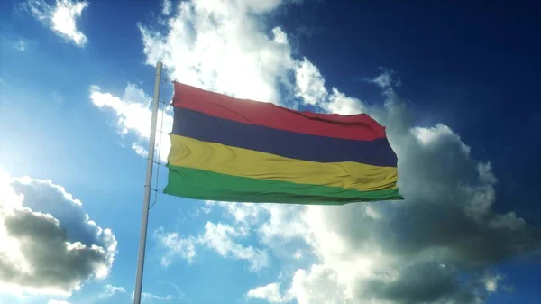 Flag Mauritius Waving Wind Beautiful Blue Sky Illustration — Stock Photo, Image