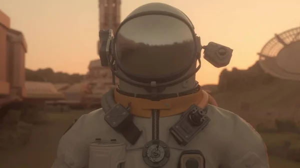 惑星火星の宇宙飛行士は 彼の基地の周りを迂回します 植民地概念 3Dイラスト — ストック写真
