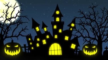 Perili Kale, Ay ve Ürkütücü Ağaçlar konseptiyle Cadılar Bayramı arka plan animasyonu.