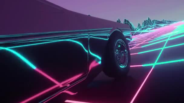 ネオンサイバーパンクスタイルの車 背景アニメーション80年代 ネオンシティを通るレトロな未来的な車のドライブ — ストック動画
