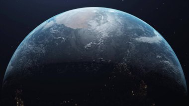 Uzayda dönen ve uzaklaşan aşırı gerçekçi dünya, arka planda yıldızlar. 3d illüstrasyon.