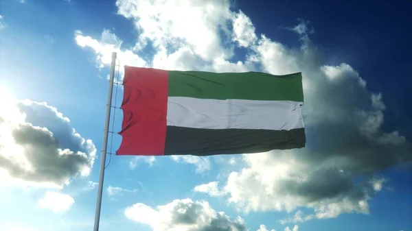 Флаг Объединенных Арабских Эмиратов Машущий Ветру Против Красивого Голубого Неба — стоковое фото