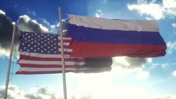 Bandeira Rússia Dos Eua Mastro Bandeira Rússia Estados Unidos Acenando — Vídeo de Stock