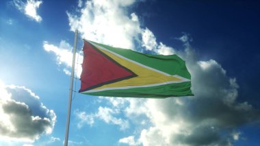 Guyana bayrağı güzel mavi gökyüzüne doğru esen rüzgara karşı. 3d illüstrasyon.